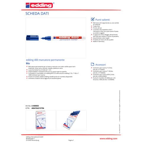 Marcatore permanente edding 400 punta conica 1 mm blu E-400 003